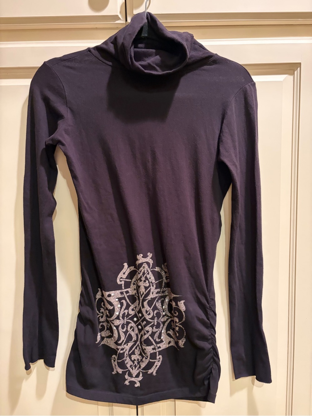 Tail Bait Long Sleeve Turtleneck Tunic with Silver Scroll Accent - black